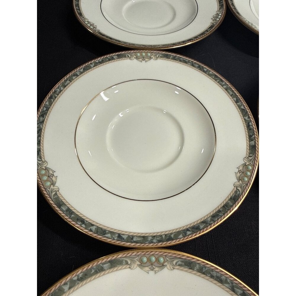 Set Of 6 Noritake Bone China Covina 9791 Saucers With Gold & Green Trim Vintage - Picture 2 of 13